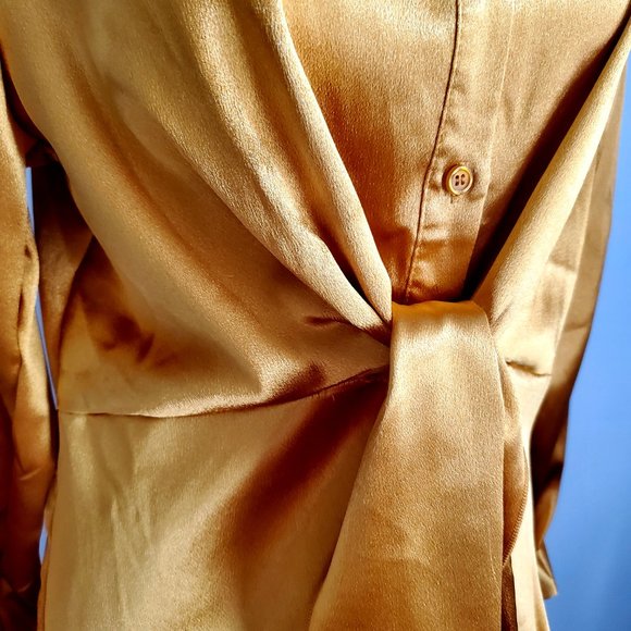 Glamourous Gold Satin Short Shirt Dress Front Tie Ruched Skirt Long Sleeve Luxe - Picture 8 of 10